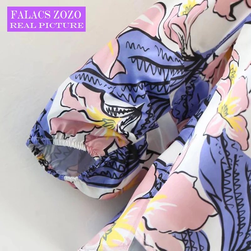 Falacs Zozo Summer Spring Vintage Office Lady Prairie Chic Casual Floral Print Fashion Lantern Sleeves Blouses Shirts Women |