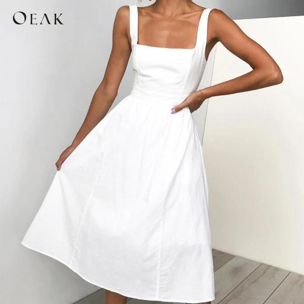 OEAK/платья с карманами на бретелях женское платье до середины икры высокой талией