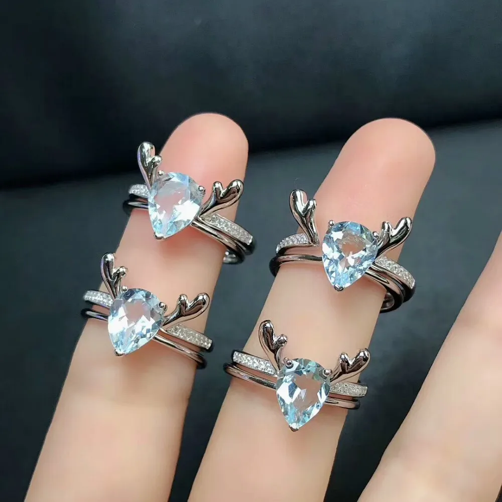 

Fine 925 Sterling Silver Deer Antlers Open Ring Fashion Girls 2pcs Set Ring with Natural Aquamarine Gems Women Bridal Set Rings