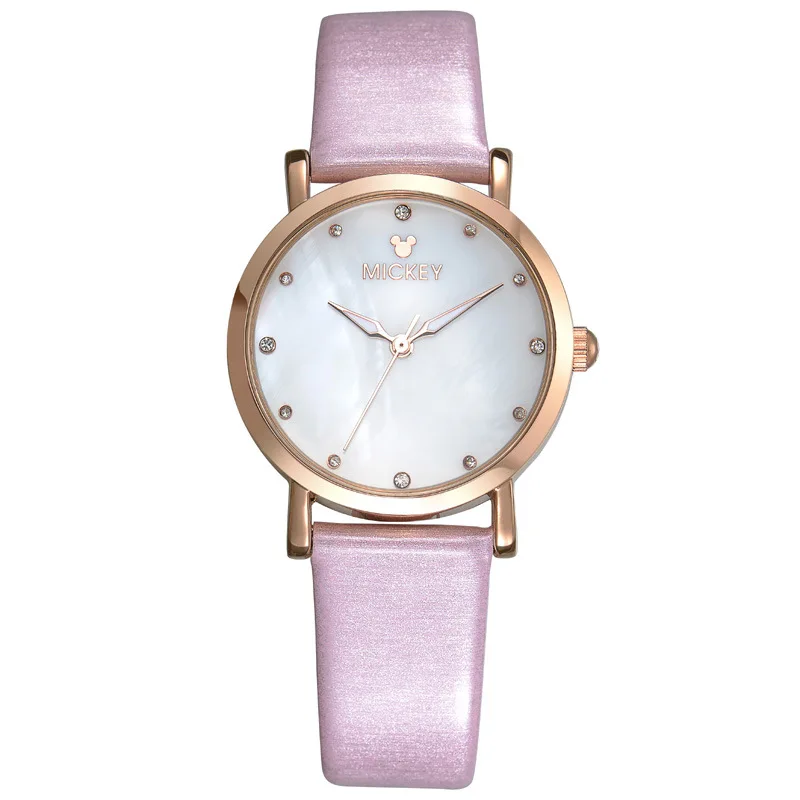 Дисней Микки Маус розовые кожаные бриллиантовые часы для женщин Роскошные