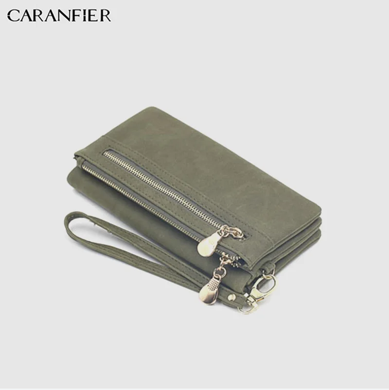Light green CARANFIER Женский кошелек из искусственной кожи, повседневный двойной клатч на молнии, Женский кошелек с ремешком, длинный, вместительный, модный кошелек для монет - Цвет: Light green