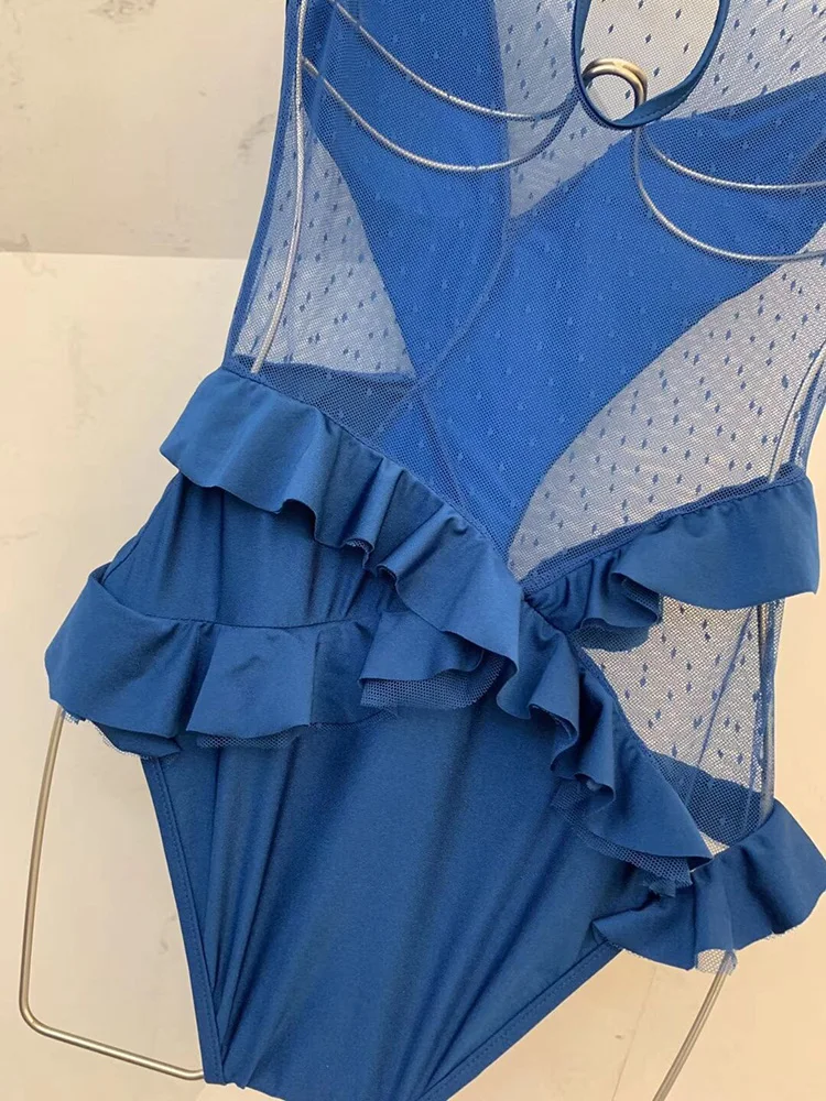 Svoryxiu Mesh Blue One Piece Bodysuit Women's Summer Holiday Sexy Ruffle Bathing Suit Swimwear New
