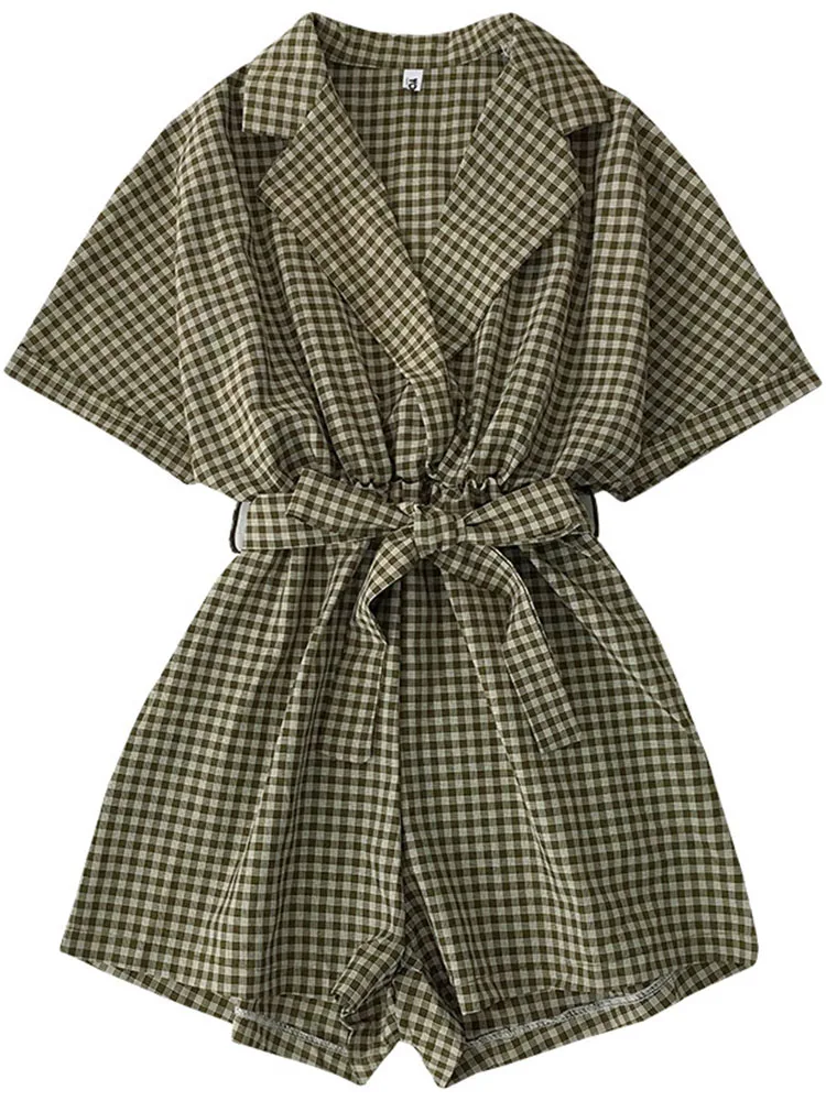 Женский клетчатый комбинезон с поясом повседневный элегантный летний v образным