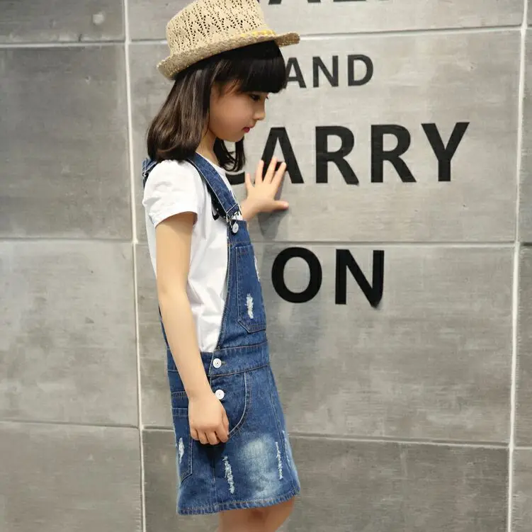 Denim fabric destory washed dresses girl suspenders belt sundress students dress fit for height 110cm to 160 cm | Детская одежда и