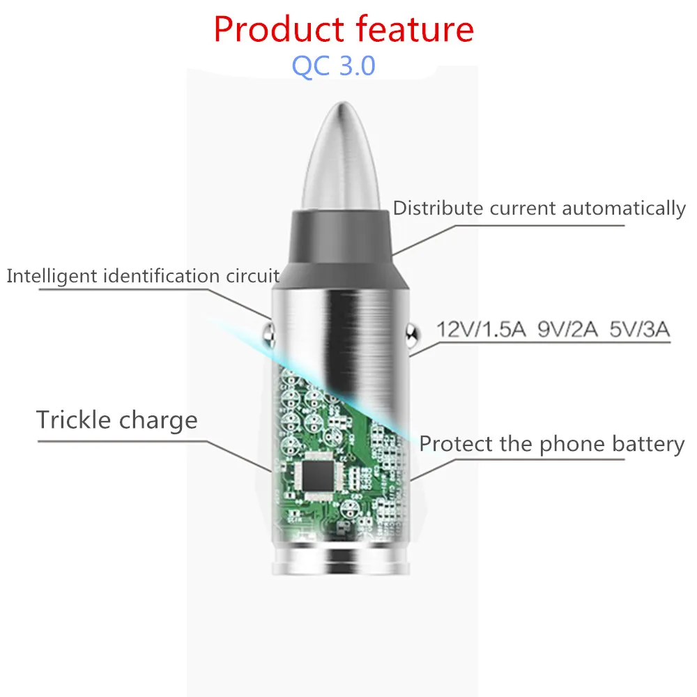 Быстрая зарядка 3 0 QC3.0 36W из нержавеющей стали USB Автомобильное зарядное