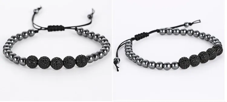 Mcllroy мужские браслеты, круглые бусины и 8 мм Micro Pave черные CZ бусины Micro Pave кубического циркония плетение Макраме Браслеты