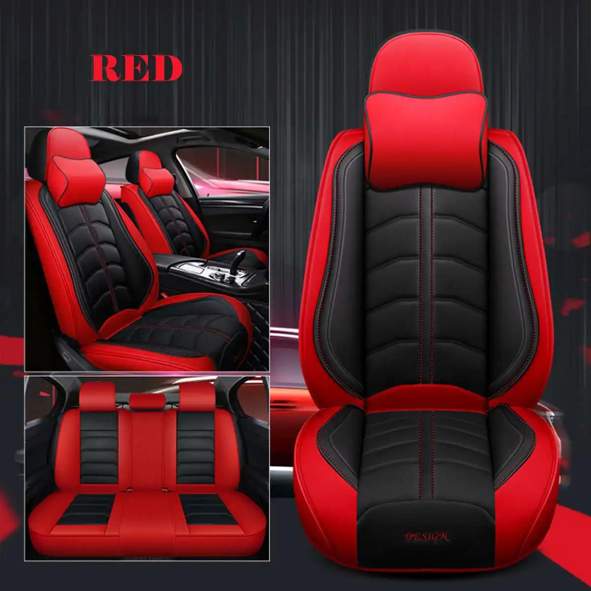 black red Универсальный Роскошный чехол для автокресла, кожаный, хлопковый, дышащий, передняя, задняя, Автомобильная подушка для сидения, гоночный коврик для всех 5 сидений, автостайлинг - Название цвета: black red
