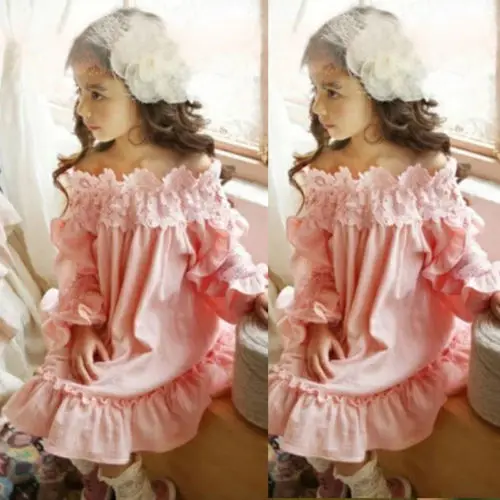 New Kid Baby Girl Lace Dress Ruffled Off Shoulder Latern Long Sleeve Pageant Princess Party Children Summer Sundress |