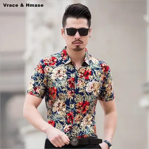 Рубашка NO.806 мужская с коротким рукавом, Модная тонкая сорочка из высококачественного шелка и хлопка, с бронзовым цветочным принтом, лето 2018