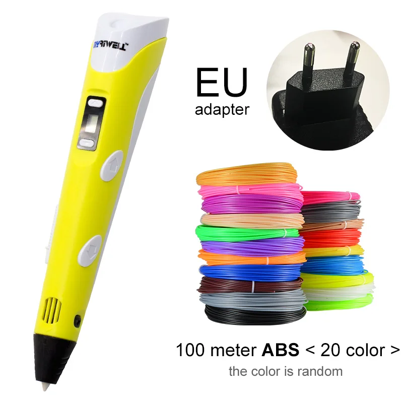 Yellow EU-100m ABS Myriwell 3D Ручка светодиодный экран DIY 3D печатная ручка 100 м ABS нить креативная игрушка подарок для детей дизайн рисунок - Цвет: Yellow EU-100m ABS