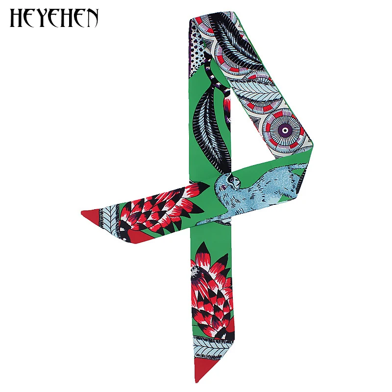 

New Luxury Brand Monkey Feather Animal Print Skinny Small Bag Twill Silk Scarf Women Foulard Ribbon Head Hair Handle Scarf