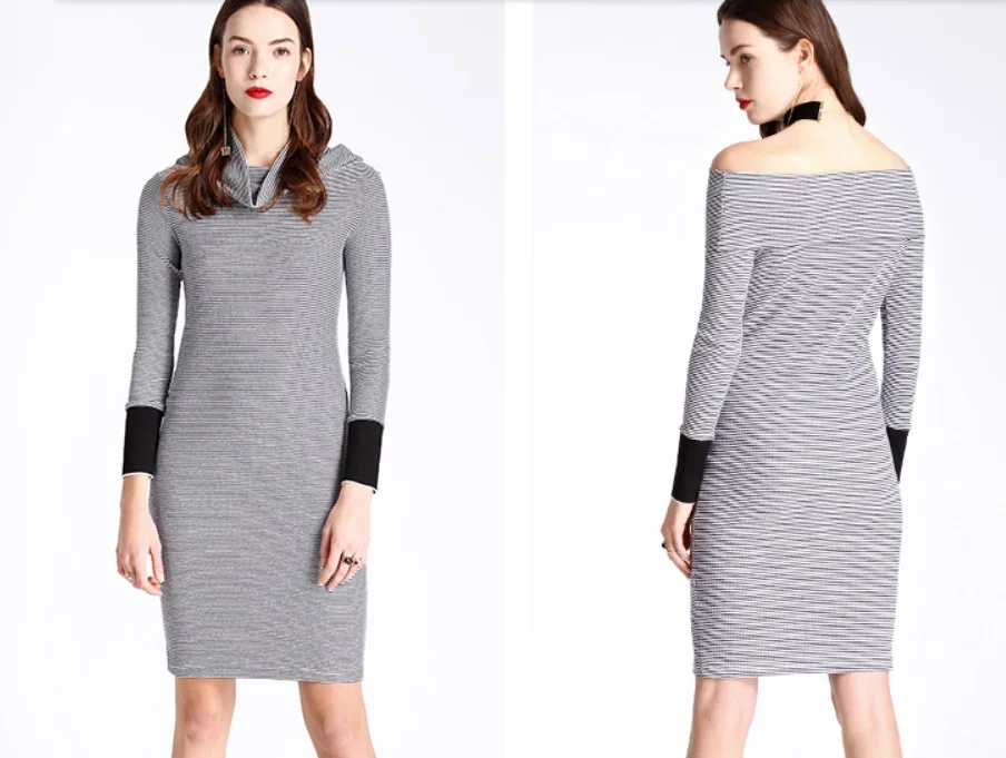 Модная женская полосатый отложным воротником прямо средней длины dress slim fit