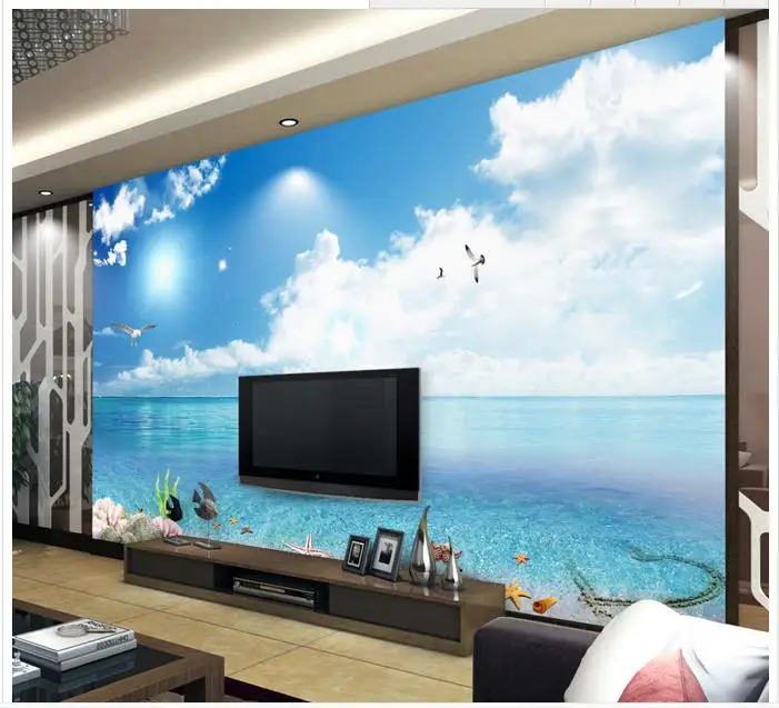 

3D-обои на заказ для стен, настенные фрески с рисунком голубого неба, белых облаков, с настройкой телевизора, 3d-декор для дома