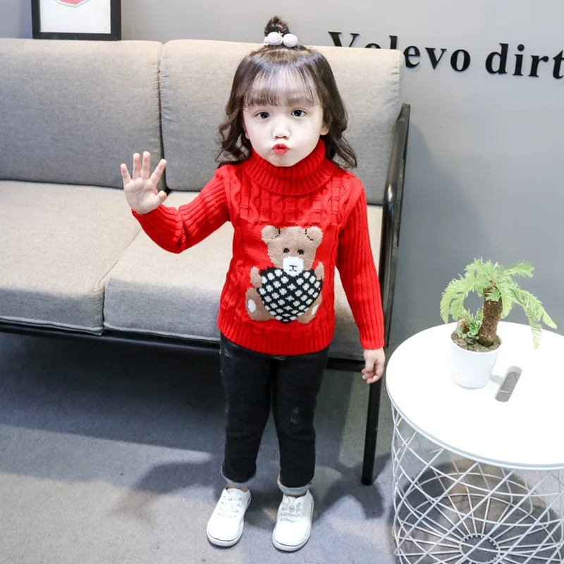 

IENENS Autumn Winter Thick Sweater Pullovers Kids Girl Long Sleeve Casual Warm Turtleneck Sweaters Children Cartoon Knitted Tops