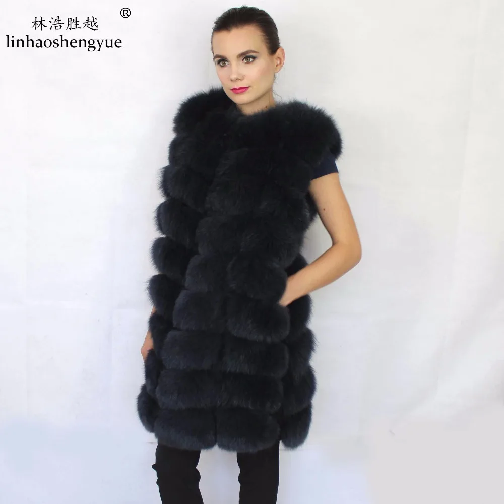 Linhaoshengyue Black Red 88CM Long Fox Fur Vest Women Long Real Fox Fur Vest