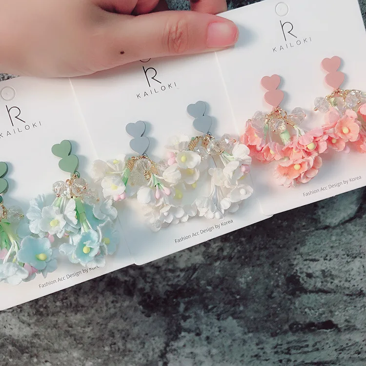 Korean Females sweet personality heart earing temperament pink Dry flowers crystal water drop earrings for women fashion jewelry | Украшения