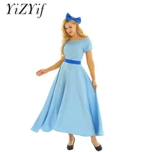 Women Halloween Cosplay Costume Wendy Dress Boat Neck Short Puff Sleeves Princess Party Fancy Maxi Dress with Headwear and Belt