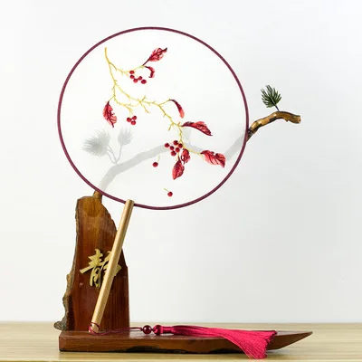 Red bean 1 Круговой вентилятор Hanfu старинная вышивка Кран Хан Вентилятор Вышивка кисточка длинная ручка Су вышивка круговой вентилятор - Цвет: Red bean 1