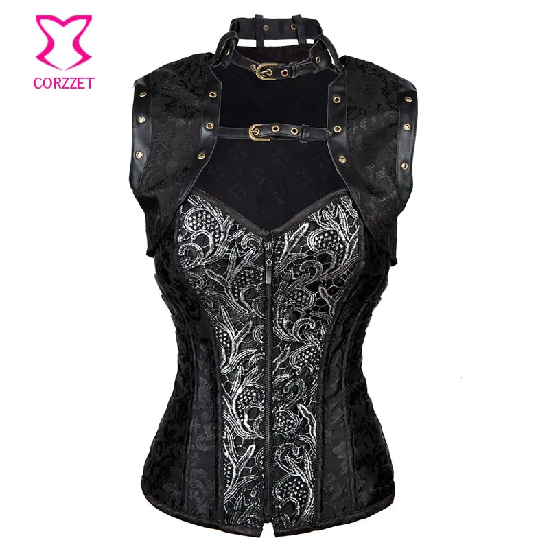 Black Vintage Steel Bone Waist Trainer Zipper Steampunk Corselet Overbust Corset Sexy Corsets And Bustiers Burlesque Outfits