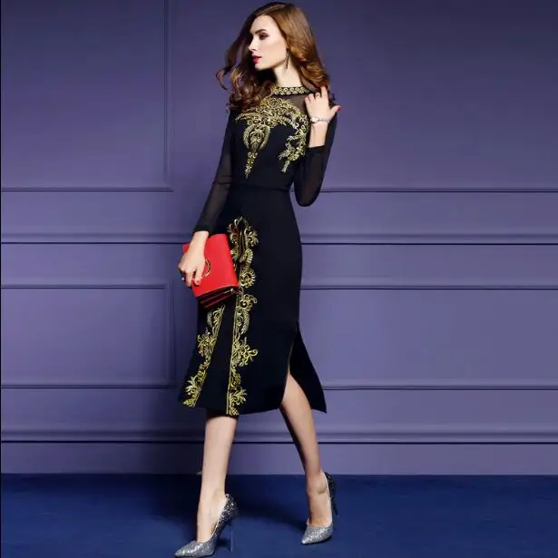 Женское винтажное платье с вышивкой черное трикотажное в стиле ретро 2019 | Женская