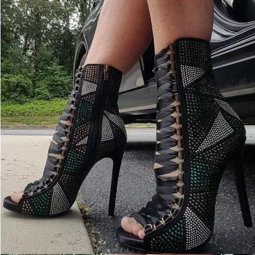 Drop Shipping Woman Peep Toe Cross Lace Up Cuts Out Zipper Back Thin Heels Geometry Patchwork Diamond Crystal Short Boots