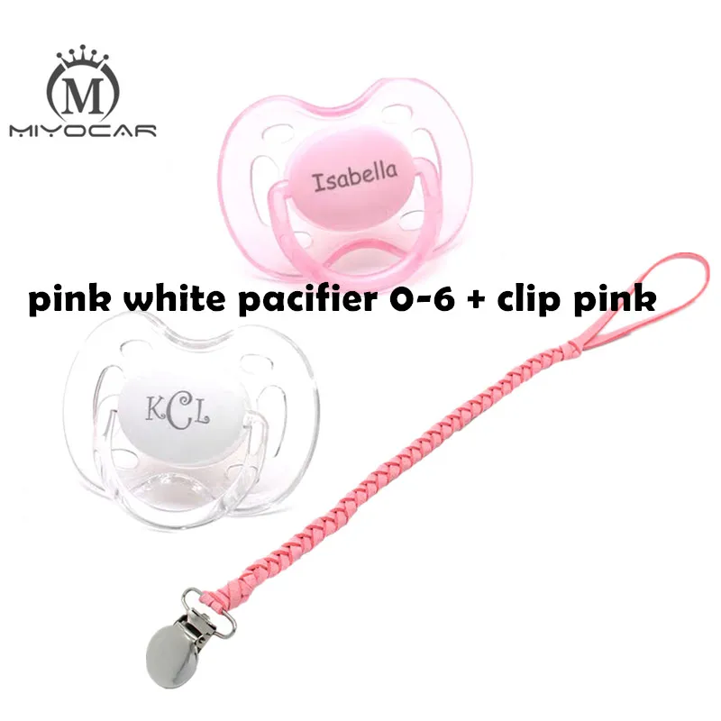 Pink White with clip MIYOCAR 2 шт. 0-6 м персонализированные любое имя гравировкой пустышки два монограмма Пустышки Детские соска пустышка с выгравированным клип - Цвет: Pink White with clip