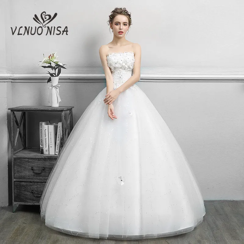 

2020 New Arrival Simple Charming Wedding Dress Crystal Appliques Flower Pattern Luxury Lace Strapless Ball Gown Sweet Marriage
