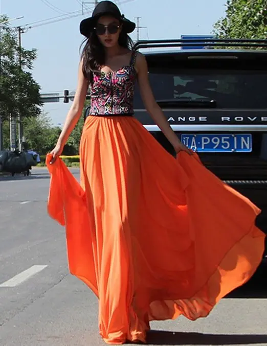 22015 casual chiffion shinning plain black solid orange color girl long skirts summer style oversize Vestido de verano|skirt clothing|skirt