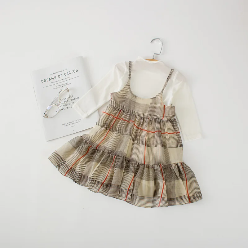 2018 Autumn New Arrival plaid and flowers printed Chiffon suspender Long Dress with Clip Inside for cute sweet princess girls | Детская