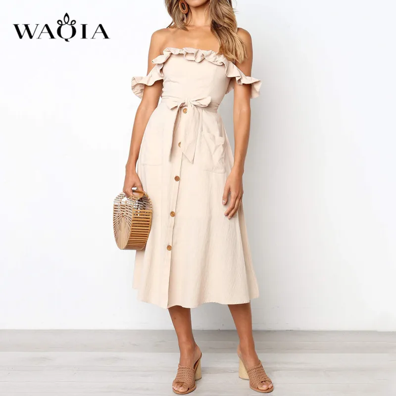 WAQIA Sexy Bow Backless Printed Beach Summer Dress Women 2019 Ruffles Strapless Buttons Black Pink Off Shoulder Midi Dresses | Женская