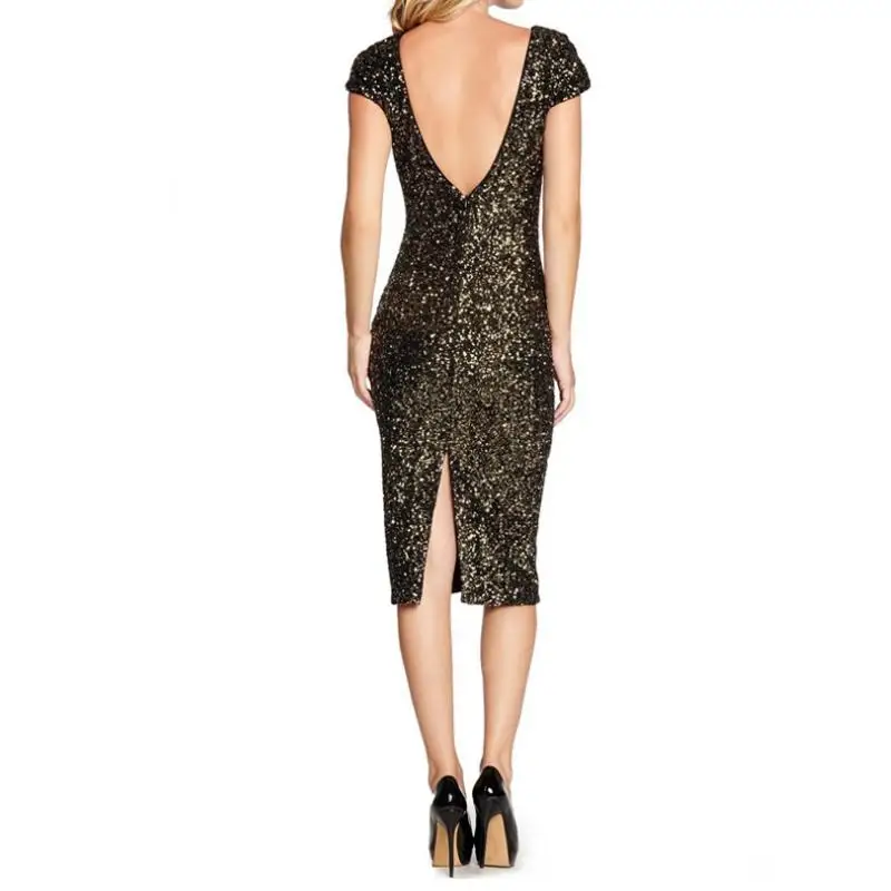 

Gold O Neck Party Maxi Dresses Bodycon Glitter Hollow Out Short Sleeve Elegant Evening Club After Making Up Fork Dress G26