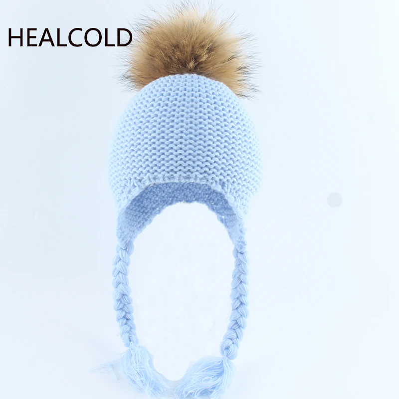 Настоящий помпон из меха енота Beanie шапки для детей мальчиков и девочек Babay зимняя
