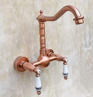 antique red copper brass wall mounted dual ceramic handles kitchen sink faucet bathroom basin mixer taps swivel spout mrg032