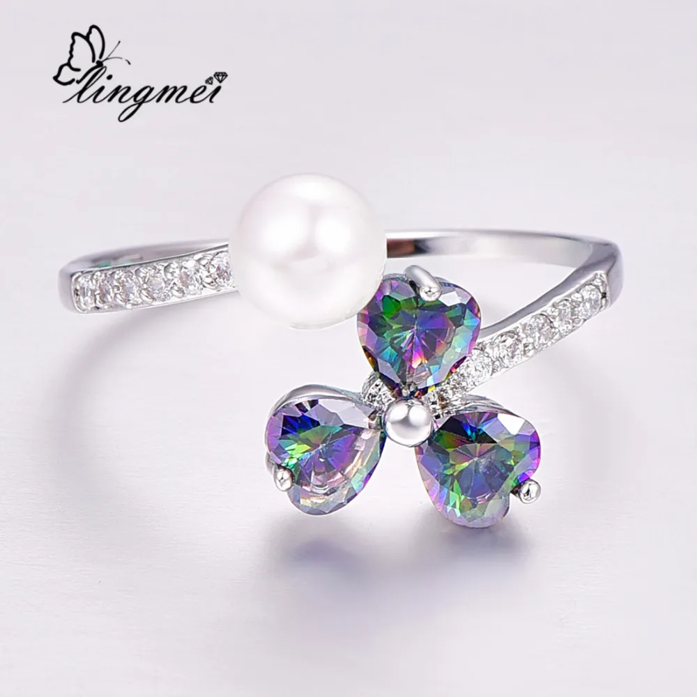 Lingmei свадебный браслет цветок сердце любовь обручальные кольца с цирконием