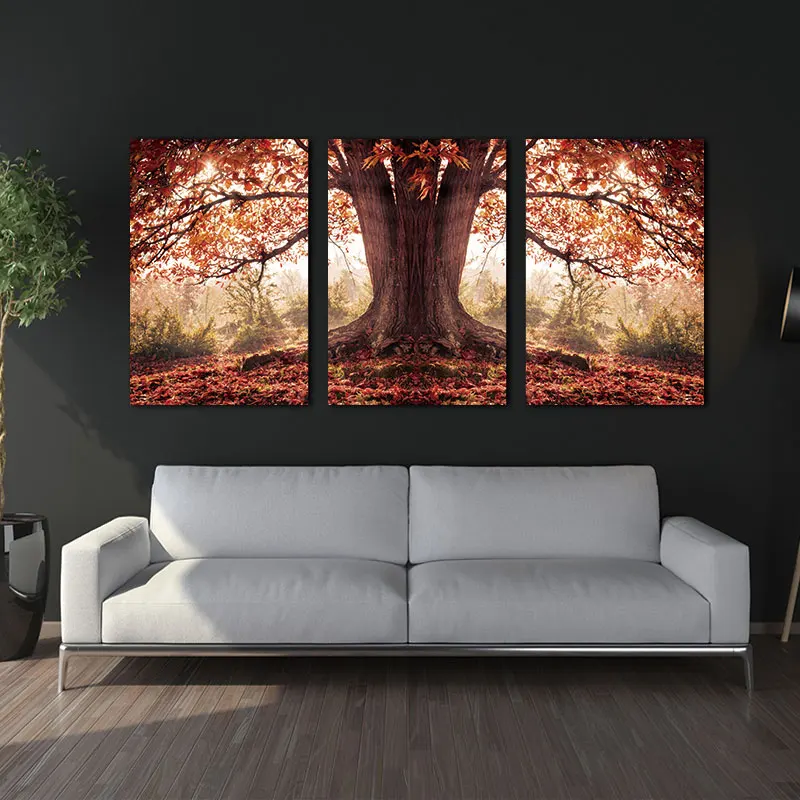 3 Panel Red Autumnal Leaves Home Decorative Canvas Painting Living Room Wall Art Picture Paint On With (No Framed) | Дом и сад