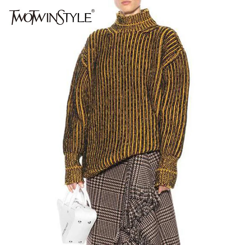 TWOTWINSTYLE полосатый Женский свитер водолазка рукав-фонарик Большой вязаный для