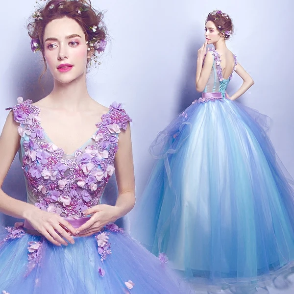 Real Photo V-Neck Sleeveless Blue Mesh Flowers Floor-Length Evening Dresses Prom Party Formal Vestido Gowns | Свадьбы и торжества