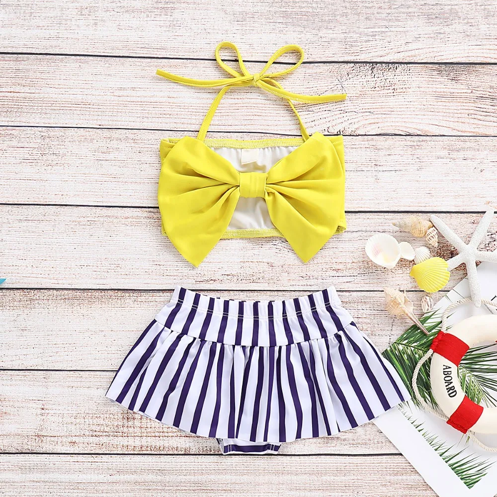 2 шт. топ-труба с бантом на шее для маленьких девочек + полосатые шорты бикини