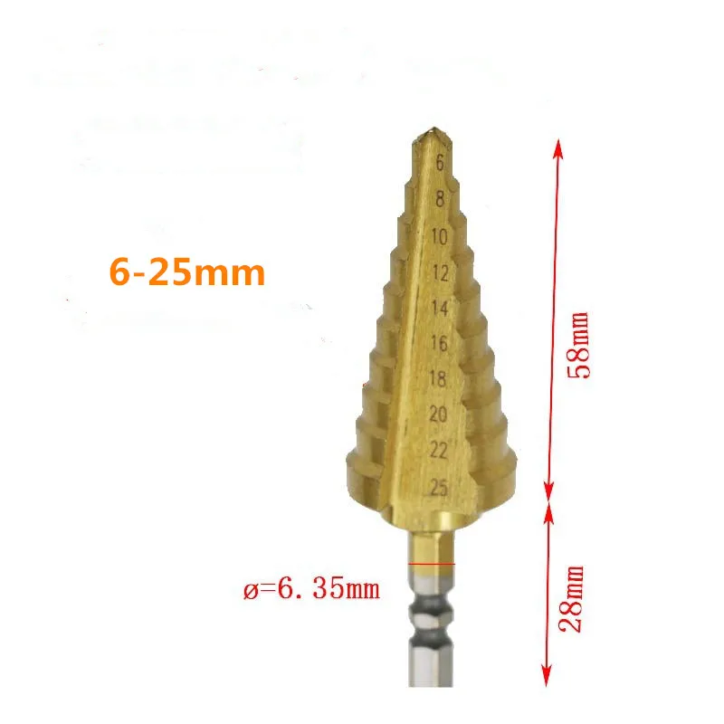 6-25mm Tin Coated HSS Step Drill Straight Grooved Step Drill Bit Set