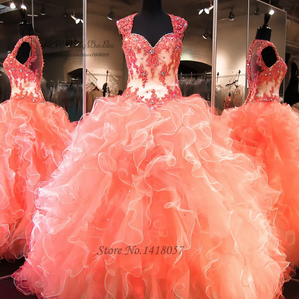 Недорогие платья Бальные из кораллового кружева с бусинами 16 лет 2016|quinceanera dresses