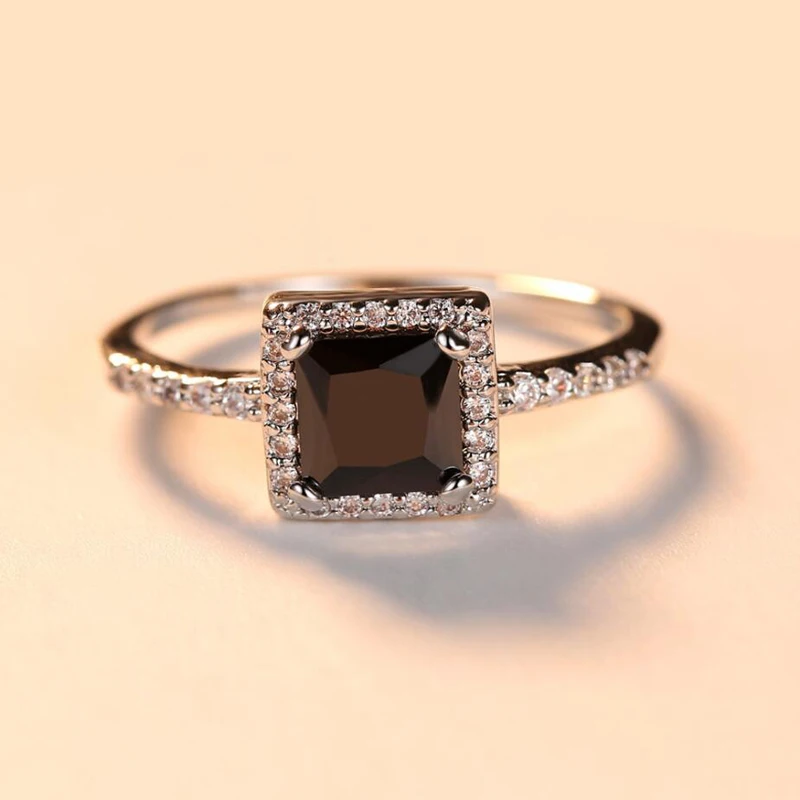 KOFSAC Fashion Hot Crystal Black Square Rings Unisex Jewelry Vintage Zircon Silver Ring Engagement Accessories Birthday Present | Украшения