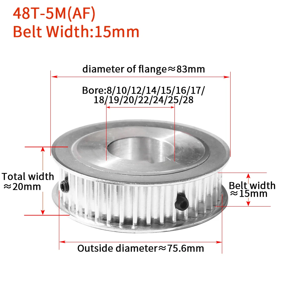 

HTD 5M 48 Teeth Synchronous Timing Pulley Bore 8/10/12/14/15/16/17/19/20/22/24/25mm for Width 15mm HTD5M wheel Gear 48T 48Teeth