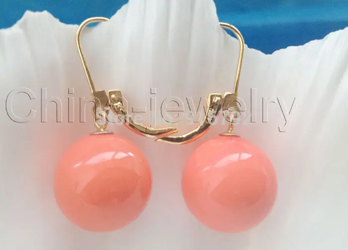 Wholesale &gtBeautiful 14mm perfect round pink coral color sea shell pearl earring | Украшения и аксессуары