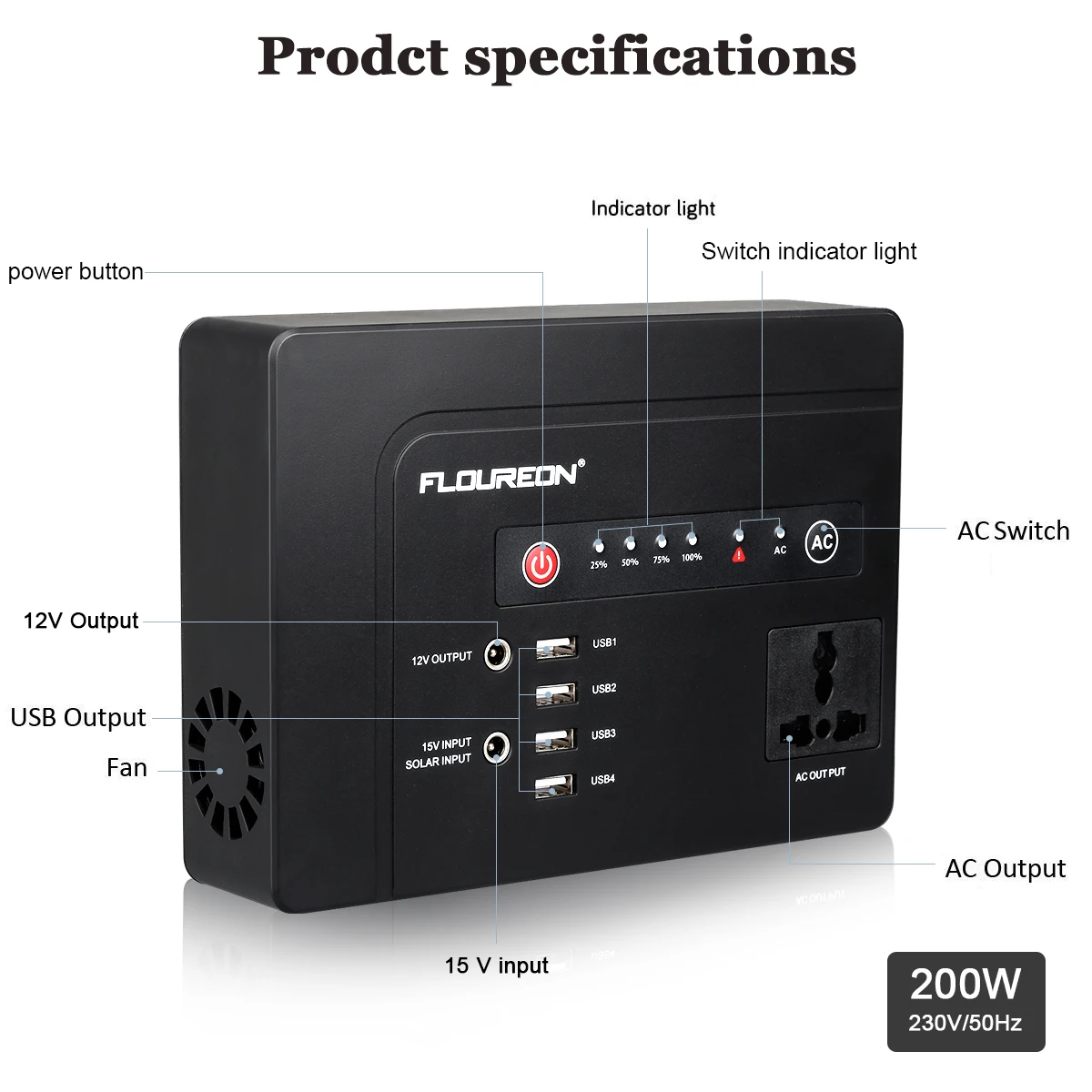 Floureon портативный 200 Вт(макс) Станция power Bank с AC120V DC выходами 4 usb порта Солнечный вход для MacBook ноутбука телефона кемпинга