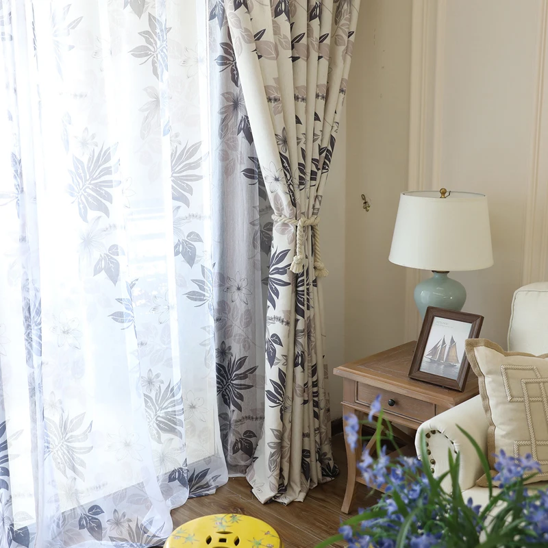 Льняные занавески в современном стиле с черными листьями для гостиной оконные