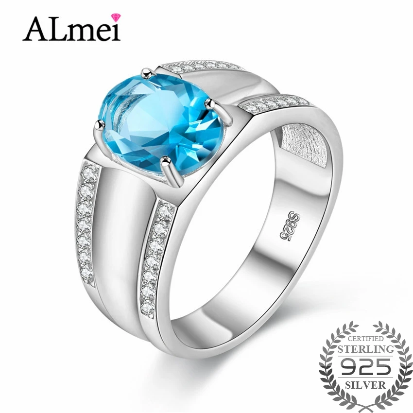 

Almei Women 3.5ct Oval Blue Topaz Gemstone Ring Wide Band 925 Sterling Silver Party Finger Rings Fine Jewelry with Box 40% FJ059