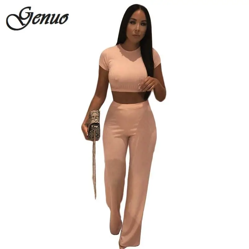 

2 Two Piece Set Women Ribbed O Neck Crop Top and Long Pants Set Sexy Autumn Short Sleeve Tracksuit Women Conjunto Feminino 2019