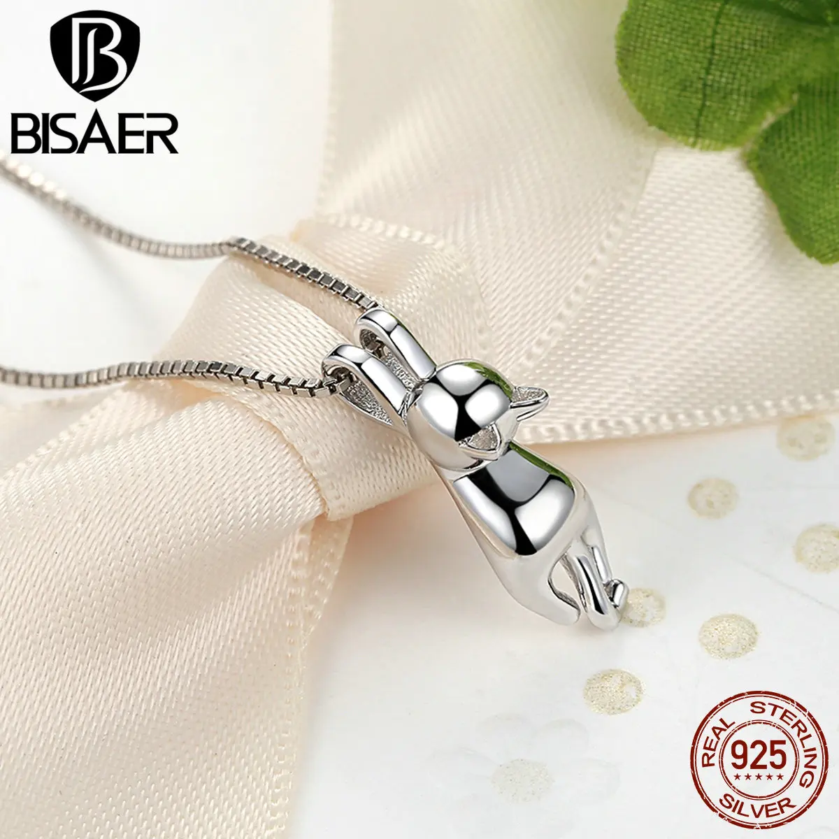 BISAER высокое качество гладкий 925 пробы серебряный прекрасный кот длинный хвост ожерелья и подвески S925 модные украшения HSN032
