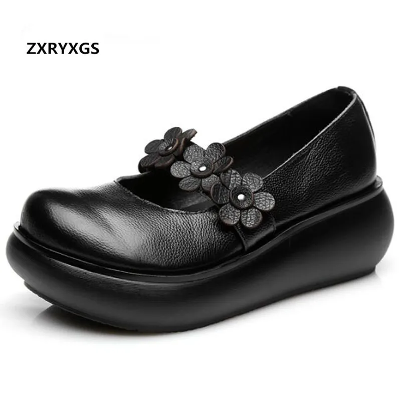 

Newest Cowhide Flower Platform Shoes Woman Wedges Fashion Casual Shoes 2019 Comfort Women Shoes High Heels Real Leather Shoes