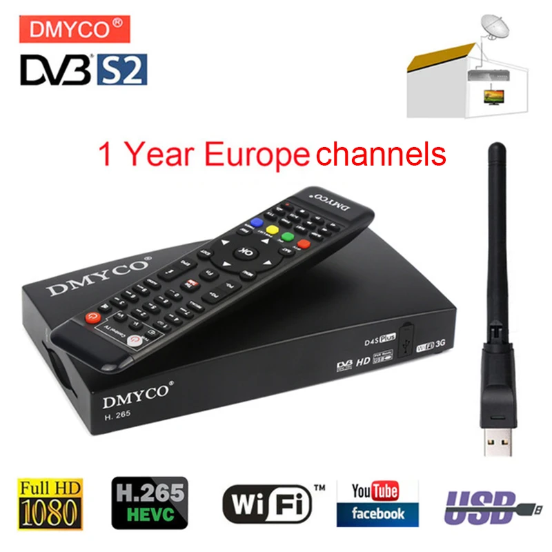 1 год Европа 7 chann D4S плюс цифровой спутниковый ТВ приемник 1080P DVB-S2 Wifi H.265 LNB порт | Спутниковое ТВ -32972551041